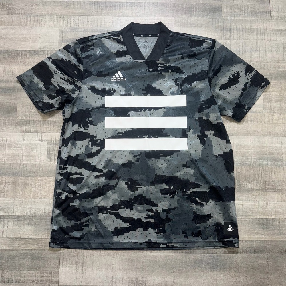 Adidas Shirt Men Medium Black Gray Pixelated Tango Camo AOP Jersey Triple Stripe